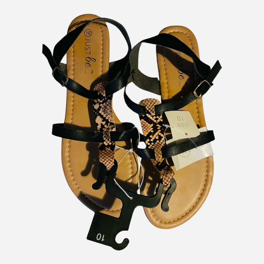 NWT Just Be Women's Black and Tan Strap Sandals Adjustable Buckle